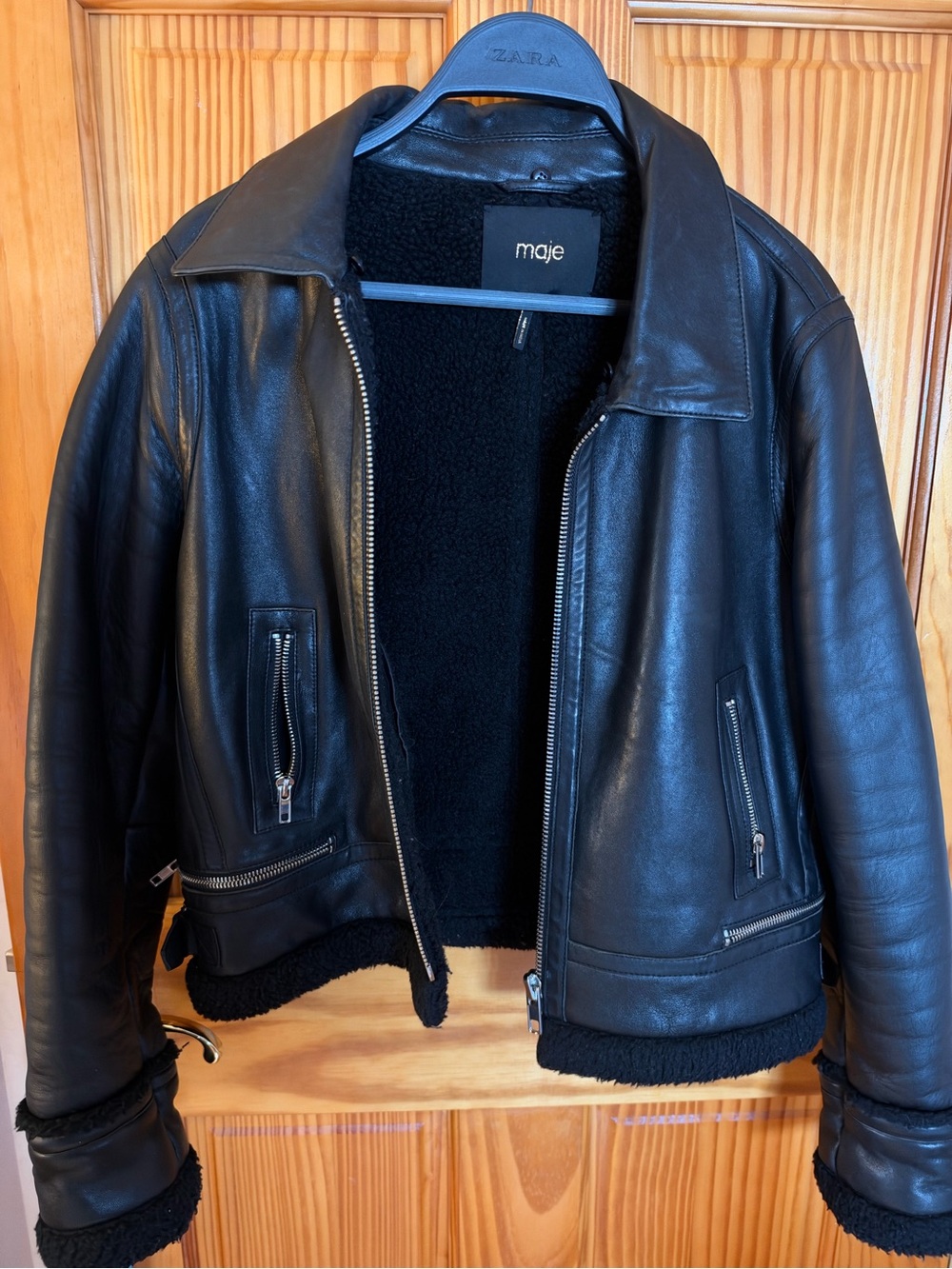 Maje Black Leather Bomber Jacket with Shearling Trim